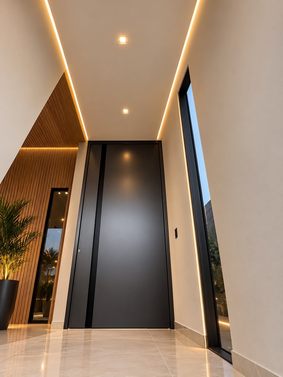 Porta premium em ACM em hall de entrada com painel de madeira iluminado